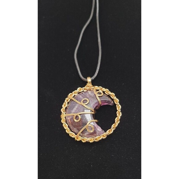 Moon Pendant Amethyst  Gem Stone  Crystal Necklace 1.5" Diameter - Picture 3 of 3